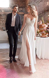 A Line Spaghetti Chiffon Wedding Dress Simple Bohemian Elegant Summer Beach Garden With Open Back And Sleevesless And Split Front