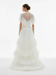 High Split A Line See through Short Sleeves Ruffle Tulle Wedding Dresses