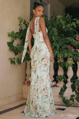 BRIANNA GOWN STRAPLESS SAGE FLORAL CHIFFON GOWN WITH SCARF