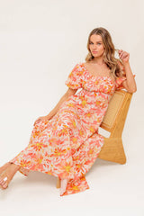 ISLAND FLOWERS PUFF SLEEVE MIDI DRESS CORAL FINAL SALE