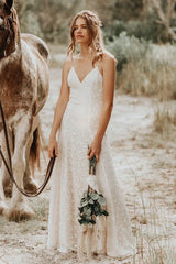 Lace Spaghetti V neck Sheath Wedding Gown With Straps And Open Back