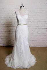 V Neck Sleeveless Lace Mermaid Wedding Dress With Satin Sash