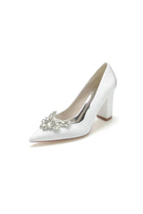 Satin Pointed Toe Slip on Chunky Heels With Rhinestone