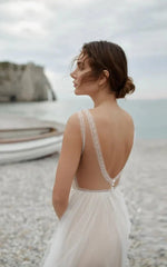 A Line Tulle Gorgeous Deep V Neck Open Back Double Layers Elegant Floor Length Long Dress With Sequin