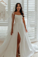 A Line White Satin Strapless Wedding Dresses with Slit