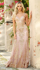 Lyra Gown Rose Gold FITTED FLORAL GLITTER PRINT CORSET GOWN