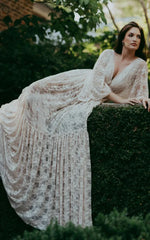A Line Plunging Neckline Lace Wedding Dress With Open Back