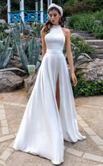 Simple Modest A Line Halter Maxi Wedding Dress