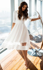 Modern Satin V neck A Line Tea length Wedding Dress