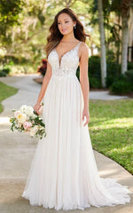 Simple Classic Tulle Applique Wedding Gown Garden A Line Backless Spaghetti Wedding Dress
