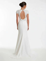Modest Simple Sheath Short Sleeve Empire Floor Length Sweep Train Chiffon V neck Wedding Dress