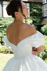 White Puff Off the Shoulder V Neck Sweeping Long Wedding Dress
