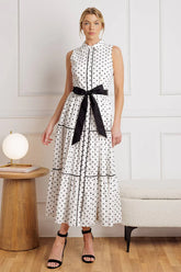 RETRO DOTS WHITE BLACK POLKA DOT MIDI DRESS