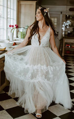 A Line Lace Bohemian V neck Wedding Dress With Low V Back And Appliques