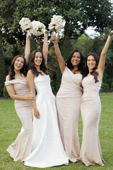 Mermaid Off the Shoulder Champagne Elastic Satin Long Bridesmaid Dresses