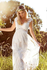 V Neck Long Cap Sleeve Appliqued Lace Tulle Wedding Dress