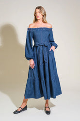 ARTISTIC IMPULSE LONG SLEEVE OFF THE SHOULDER DENIM MIDI DRESS