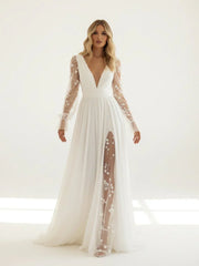 Long Sleeve Boho Flowy Wedding Dress Lace A Line V Neck Beach Gown with Split Front and Sweep Train