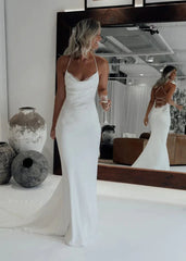 Mermaid Satin White Spaghetti Straps Wedding Dresses With Lace Up Back