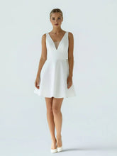 A Line White Satin V Neck Short Wedding Dress with Bow