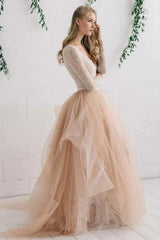 Tulle Satin Tiers Zipper V Neck Long Sleeves Wedding Dress