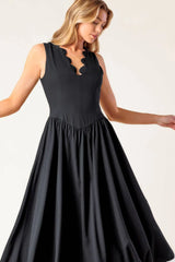 FOR THE RECORD SCALLOP V MIDI DRESS BLACK
