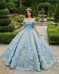 Quinceanera Blue Off the Shoulder Ball Gown Flower Dress