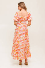 ISLAND FLOWERS PUFF SLEEVE MIDI DRESS CORAL
