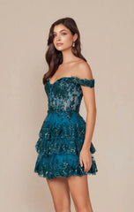 BRENNA MINI DRESS TEAL OFF SHOULDER TIERED SHORT DRESS