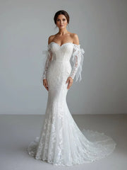 Lace Mermaid Covered Button Long Sleeve Train Wedding Dress