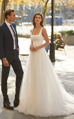 Simple A Line Minimalist Casual Square Tulle Wedding Dress with Sweep Train