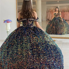 Sequined Ball Gown Off Shoulder Beaded Velvet Quinceanera Dresses