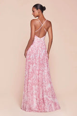 IRIS GOWN BLUE A LINE SOFT CHIFFON PRINT DRESS