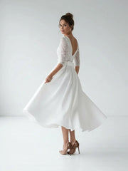 Satin V neck A Line Tea length Wedding Dress with Ruching and Sash