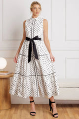 RETRO DOTS WHITE BLACK POLKA DOT MIDI DRESS