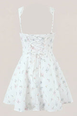White Warm Rose Print Cotton Ruffled Mini Dress