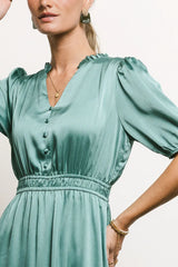 V Neck Satin Midi Dress in Seafoam FINAL SALE