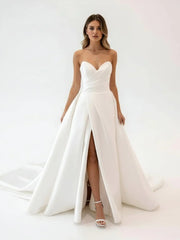 White Satin Long A Line Wedding Dress with Slit