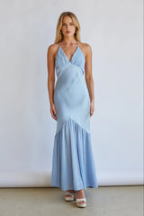 Lucinda Halter V Neck Open Back Satin Midi Dress