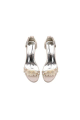 Satin Block Heel Sandal Featuring Delicate Floral Rhinestone Decorations