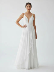 A Line V Neck Straps Spaghetti Sheath Chiffon Wedding Dress