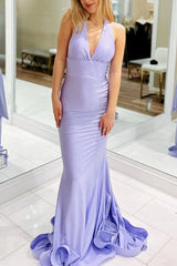 Red Satin Mermaid Tight V Neck Long Prom Dress With Bow Tie