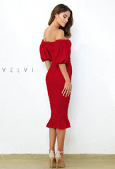 Skyla Shirred Midi Dress RED