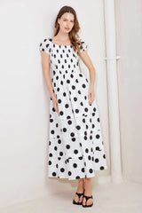 SHORT SLEEVE WHITE BLACK POLKA DOT MIDI DRESS
