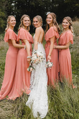 Simple A Line Coral Chiffon Long Bridesmaid Dresses