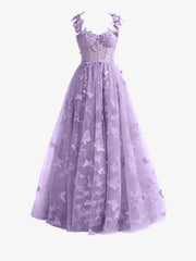 Light Purple A line Butterfly Lace Lilac Corset Prom Dress with Slit