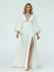White Satin Simple A Line Long Wedding Dress with Slit