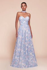 CASSIE GOWN BLUE STRAPLESS A LINE FLORAL CHIFFON DRESS