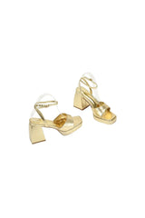 Gold Peep Toe Ankle Strap Chunky Heel Prom Shoes
