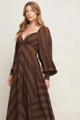 GODDESS BROWN STRIPE LONG SLEEVE MIDI DRESS